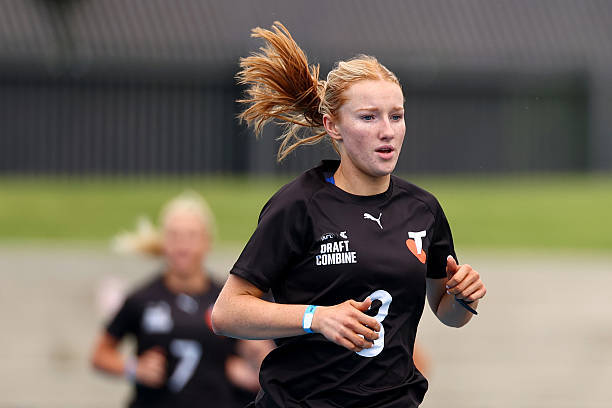 MELBOURNE, AUSTRALIA - SEPTEMBER 30: Maddison Meagher competes in the 1.6km Time Trial during the AFLW National Draft Combine Testing at Lakeside Stadium on September 30, 2026 in Melbourne, Australia. (Photo by Josh Chadwick/AFL Photos/via Getty Images)