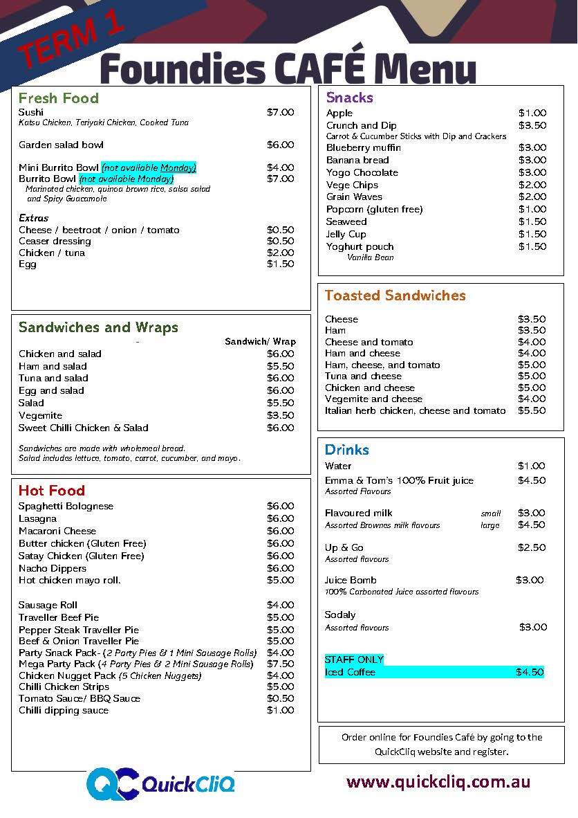 2026 Foundie's Cafe Menu