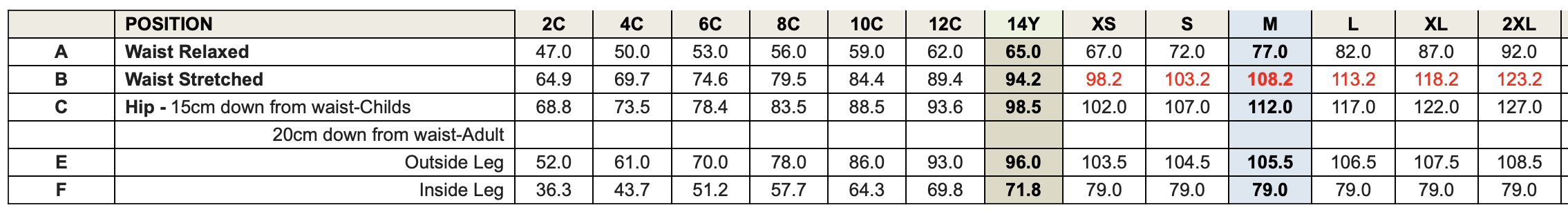 Sports Pants Size Chart
