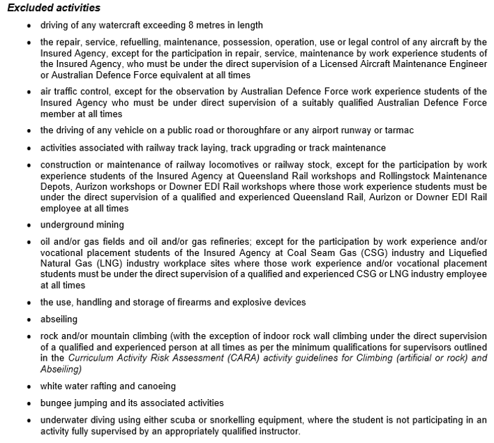 Excluded Activities Work Experience