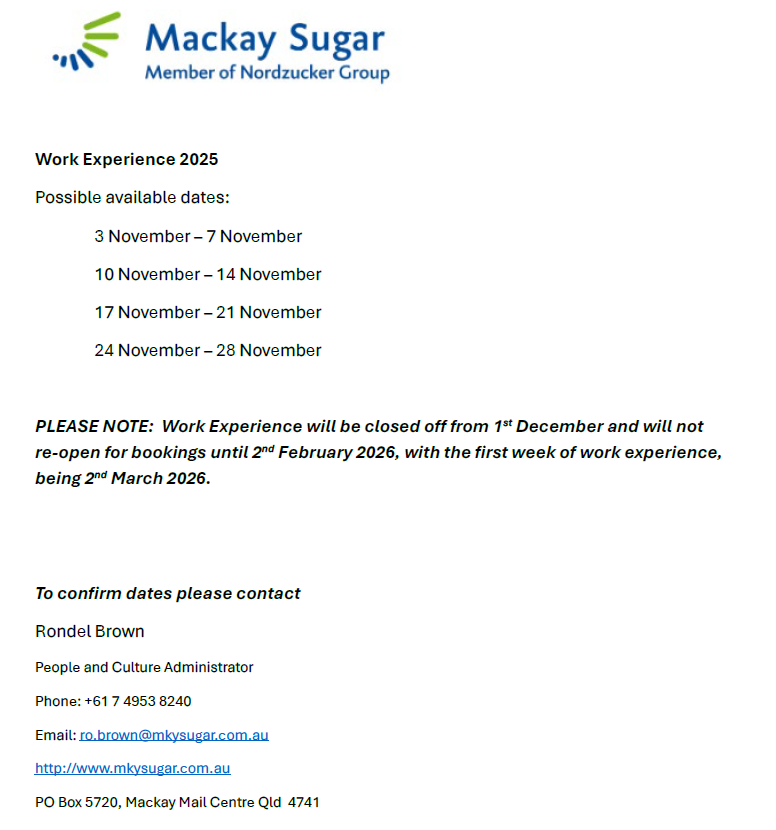 Work Experience - Mackay Sugar