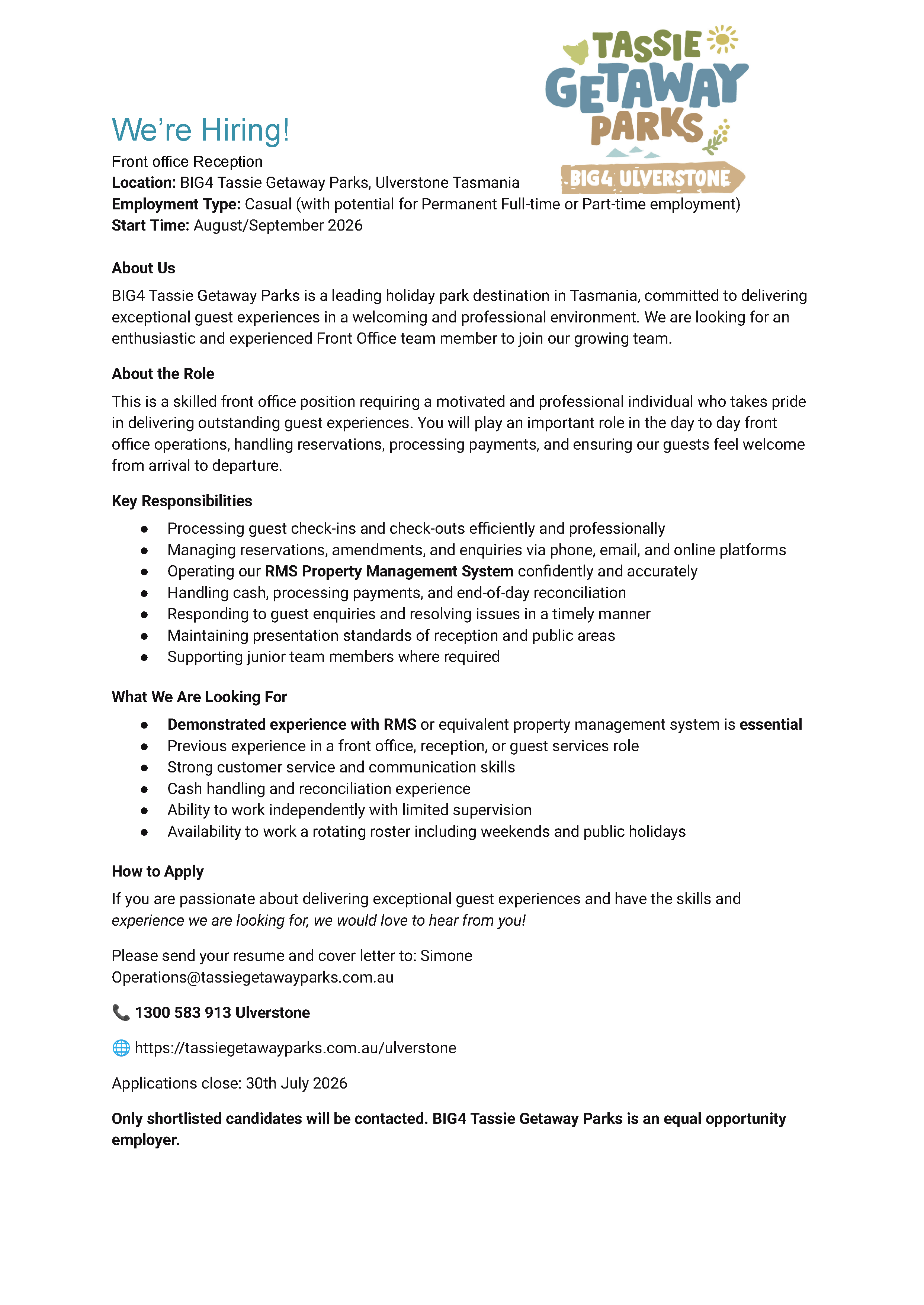 Position Vacant Notice: BIG4 Tassie Getaway Parks