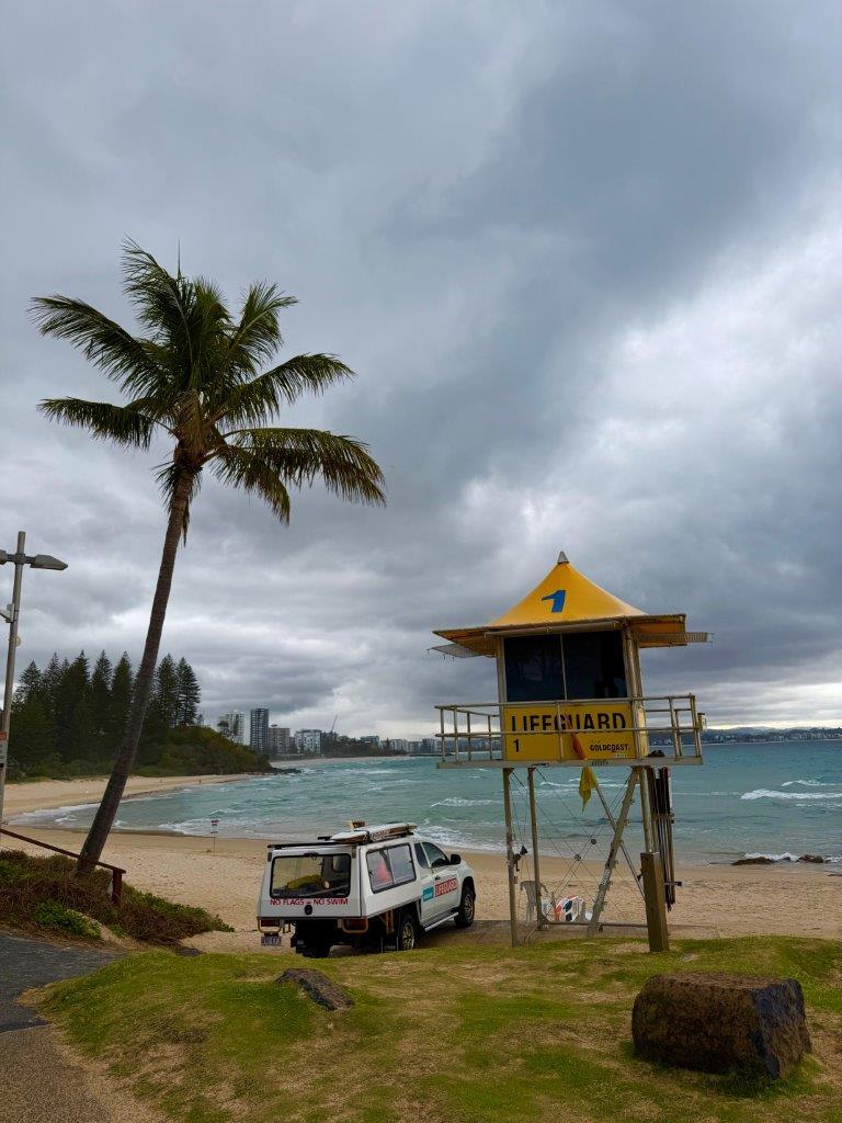 Students speaking with lifeguards about surf conditions