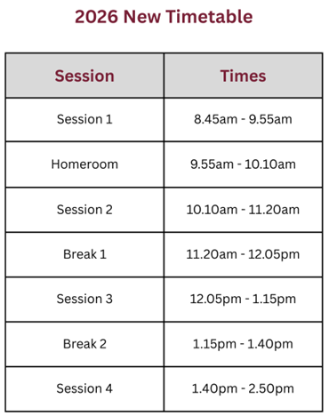 St James College 2026 Timetable Structure