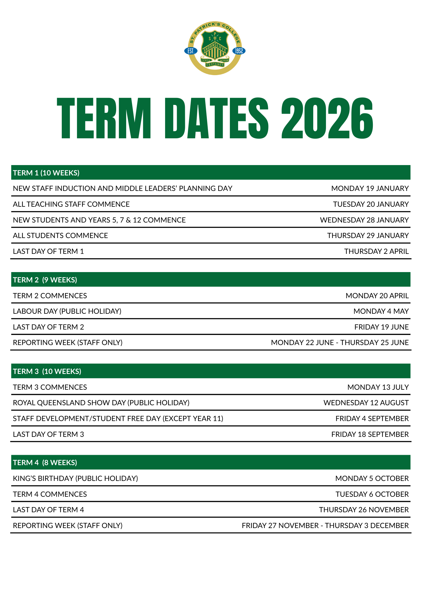 Term Dates 2026