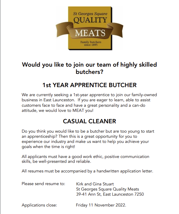 Apprentice Butcher and Casual Cleaner – St Georges Square Quality Meats Apprentice Butcher and Casual Cleaner – St Georges Square Quality Meats