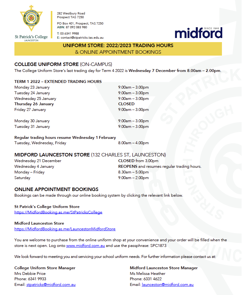 College Uniform Store Summer Holidays Trading Hours College Uniform Store Summer Holidays Trading Hours