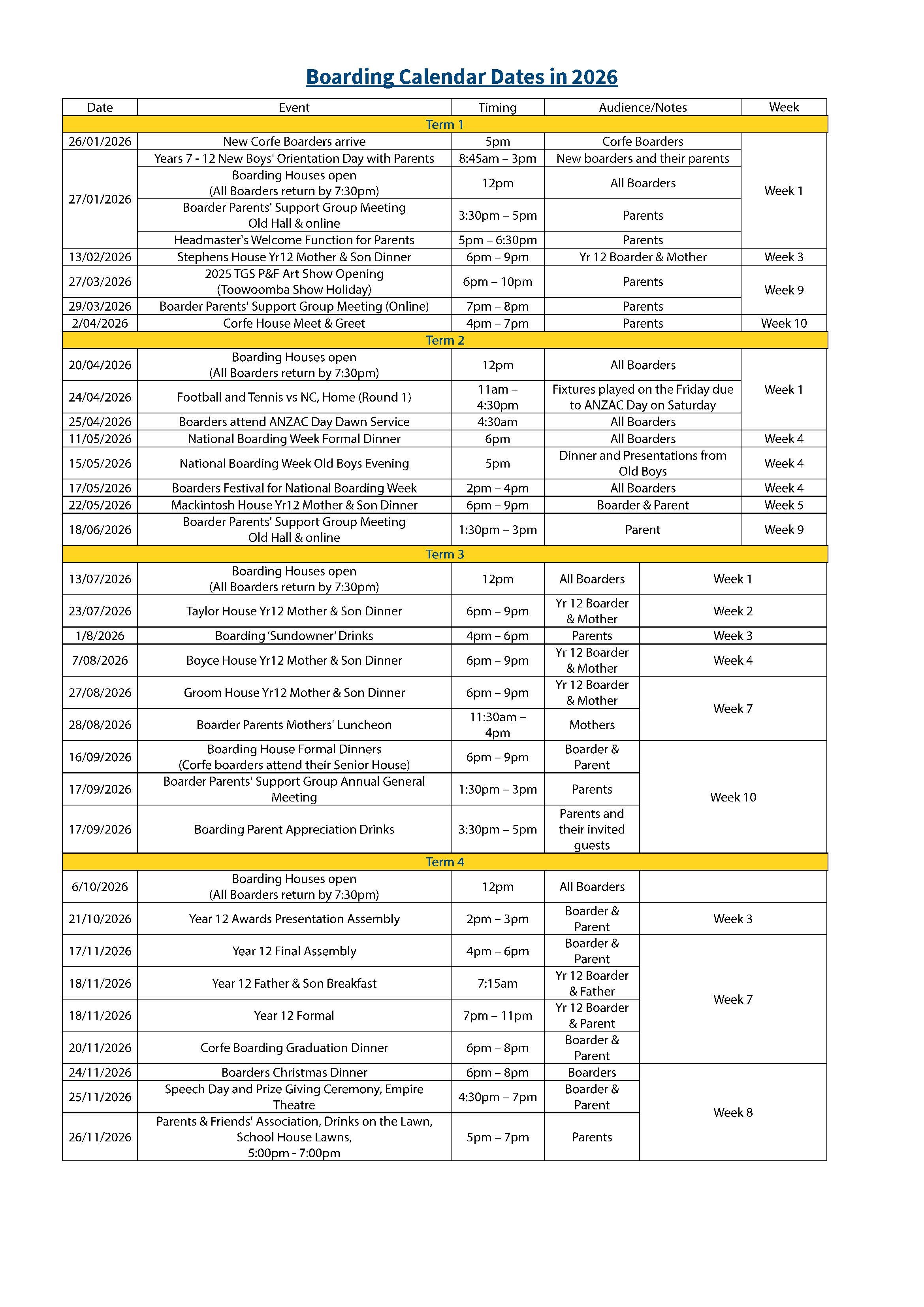 Boarding Calendar Dates 2026