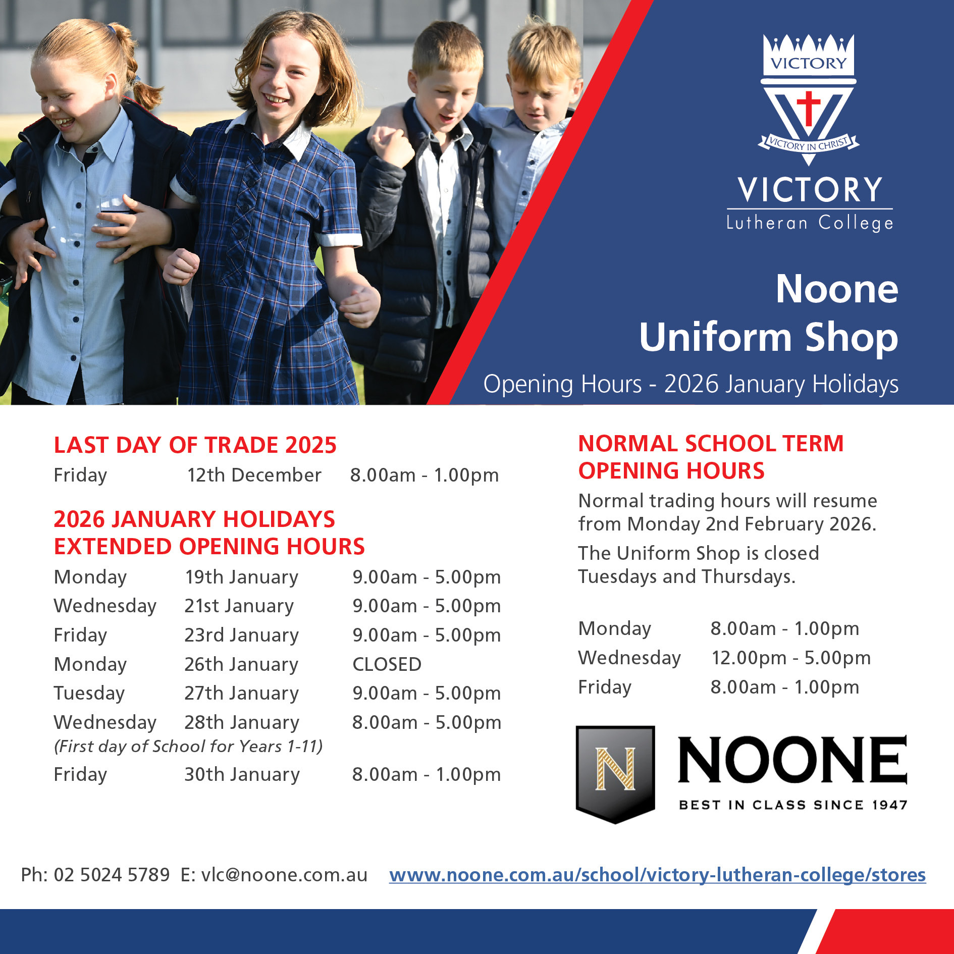 2026 Noone Holiday opening hours